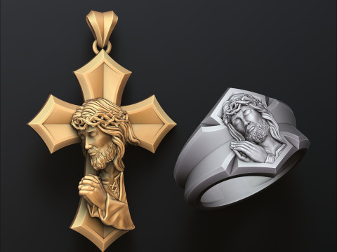 Praying Jesus Cross Ring Pendant Set Pack 3D print model 3Dプリントモデル