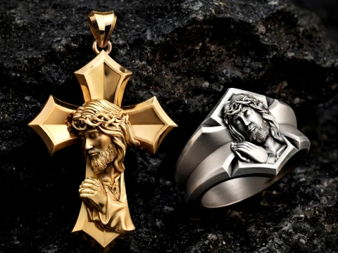 Praying Jesus Cross Ring Pendant Set Pack 3D print model 3D Print Model