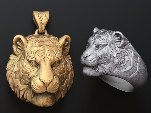 Tiger Pendant Ring Set 3D print models 3Dプリントモデル
