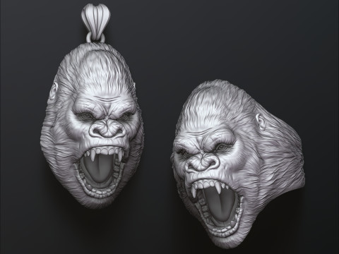 Gorilla Head Pendant Ring Collection 3D print model 3Dプリントモデル