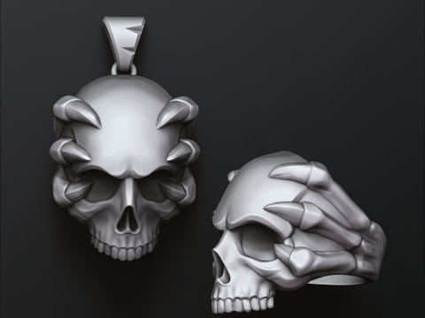 Skull Clutches Pendant Ring Set 3D print model 3Dプリントモデル