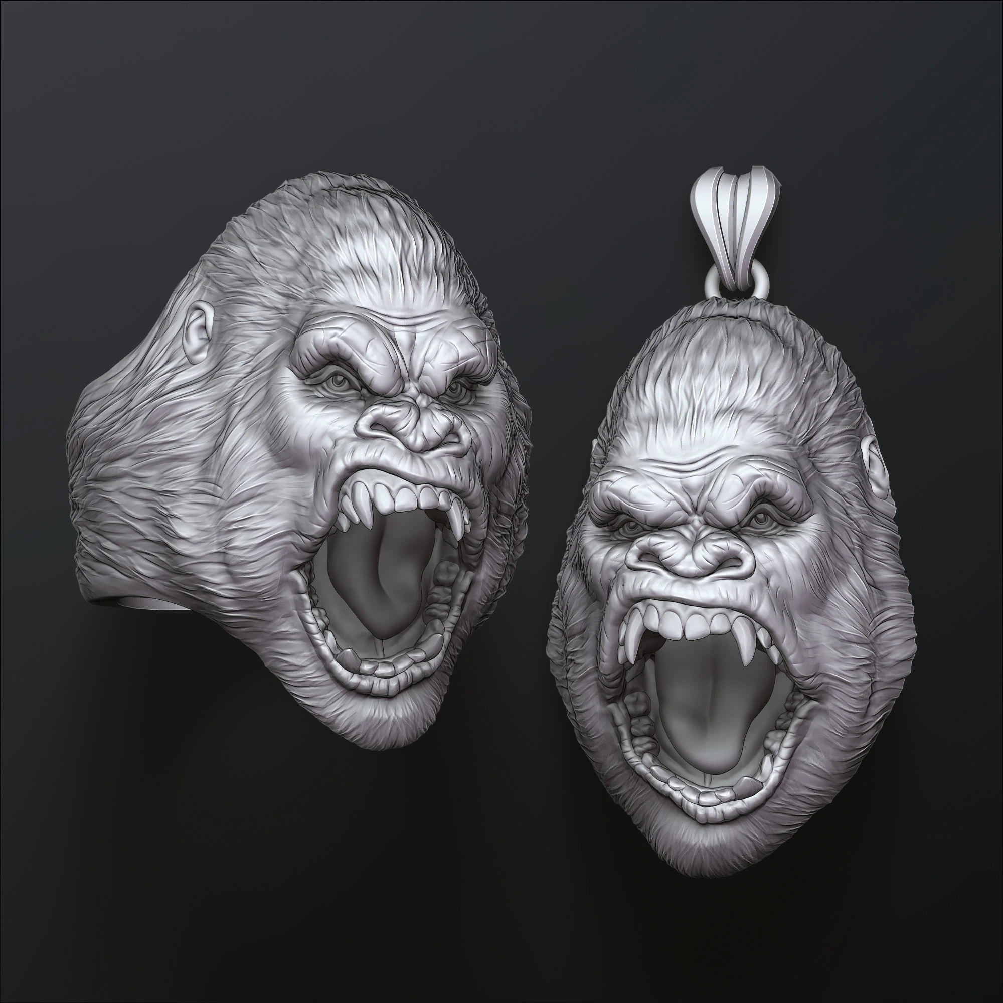 Gorilla Head Ring Pendant V2 Set 3D print model 3D Print Model .c4d .max .obj .3ds .fbx .stl .blend 