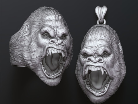Gorilla Head Ring Pendant V2 Set 3D print model 3Dプリントモデル