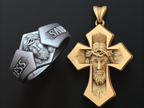 Jesus Head Cross Ring Pendant Set 3D print model 3Dプリントモデル