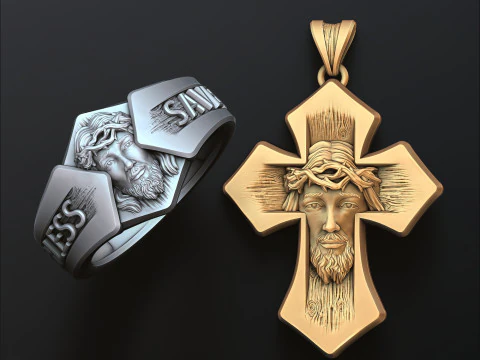 Set di pendenti con anello a croce con testa di Ges&ugrave; Modello di stampa 3D Modello di stampa 3D