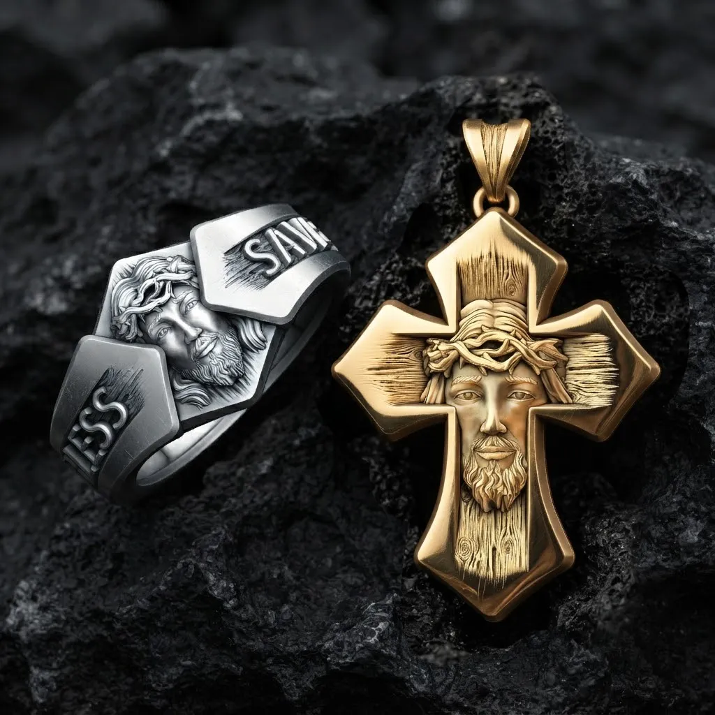 Jesus Head Cross Ring Pendant Set 3D print model 3D Print Model .c4d .max .obj .3ds .fbx .stl .blend