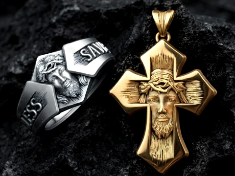 Jesus-Kopf-Kreuz-Ring-Anh&auml;nger-Set 3D-Druckmodell 3D Druckmodell