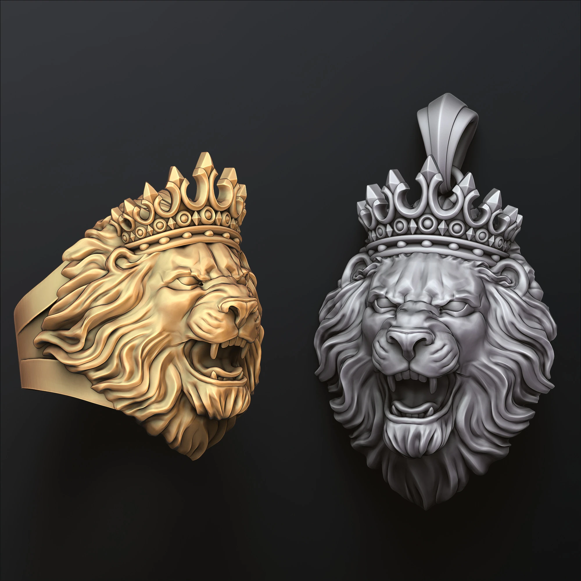 Modello di stampa 3D della collezione ciondolo anello leone con corona Modello di stampa 3D .c4d .max .obj .3ds .fbx .stl .blend