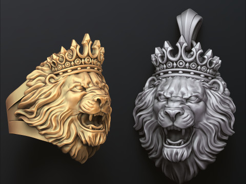 Lion With Crown Ring Pendant Collection 3D print model 3Dプリントモデル