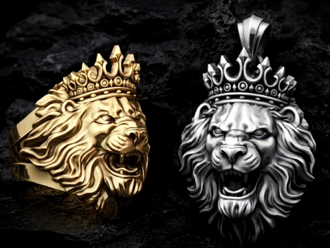 Lion With Crown Ring Pendant Collection 3D print model 3D Print Model