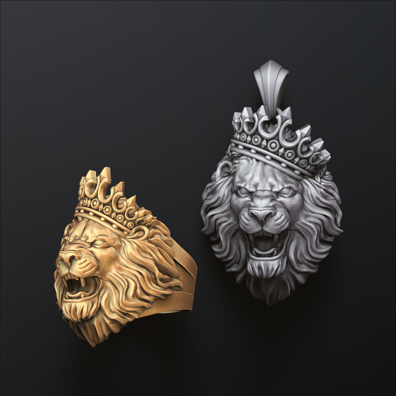 Lion With Crown V2 Ring Pendant Collection 3D print model Model Cetak 3D .c4d .max .obj .3ds .fbx .stl .blend