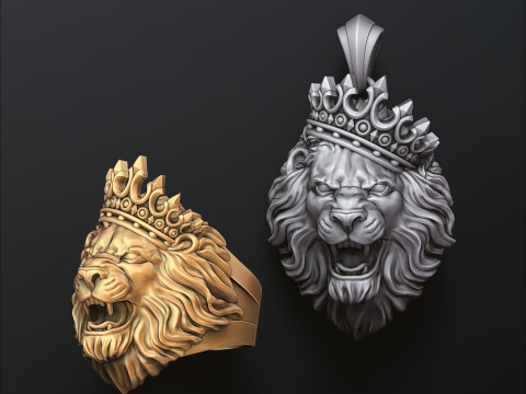 Lion With Crown V2 Ring Pendant Collection 3D print model 3Dプリントモデル