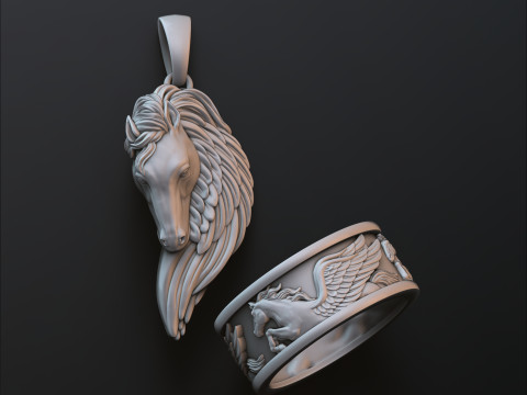 Pegasus Pendant Ring Collection 3D print model Modello di stampa 3D