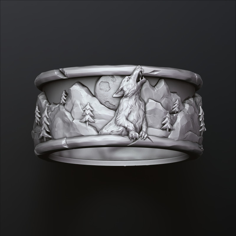 Howling Wolf Ring 3D print model Modello di stampa 3D .c4d .max .obj .3ds .fbx .stl .blend