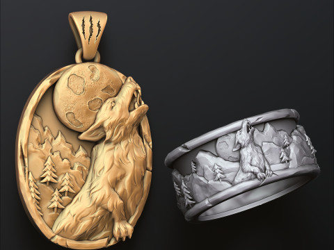 Howling Wolf Ring Pendant Collection 3D print model 3Dプリントモデル