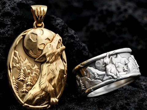 Howling Wolf Ring Pendant Collection 3D print model 3D Print Model