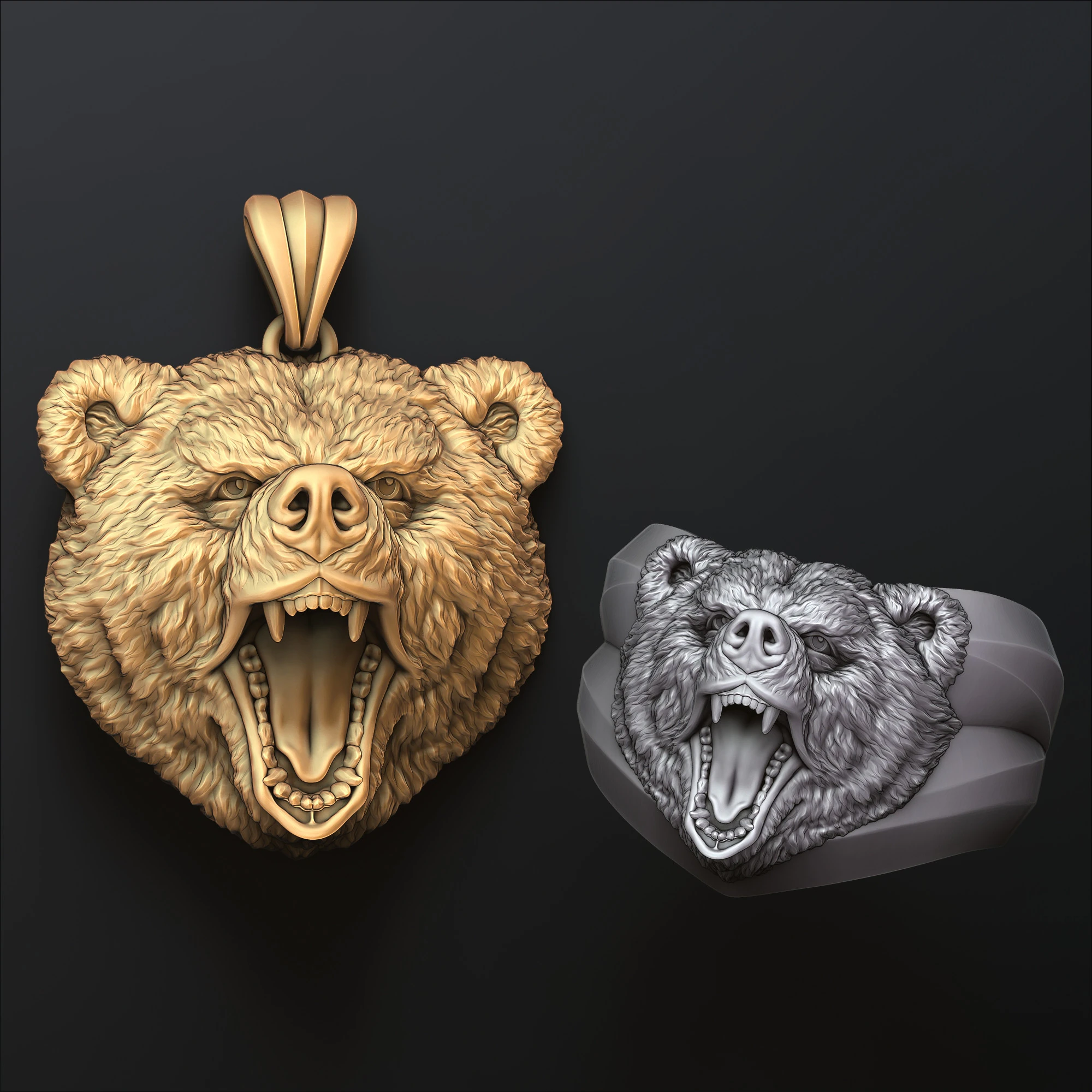 Basrelief Bear Head Ring And Pendant Set 3D print model 3D Print Model .c4d .max .obj .3ds .fbx .stl .blend 