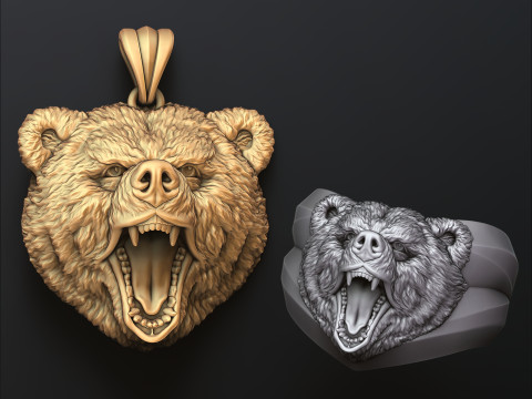 Basrelief Bear Head Ring And Pendant Set 3D print model 3Dプリントモデル