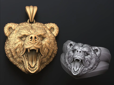 Modello di stampa 3D con anello e ciondolo con testa di orso in bassorilievo Modello di stampa 3D