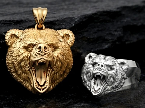 Basrelief Bear Head Ring And Pendant Set 3D print model 3D Print Model