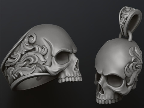 Ornamental Skull Pendant Ring Collection 3D print model 3Dプリントモデル