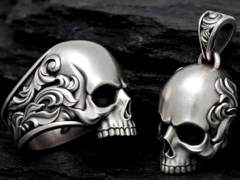 Colecci&oacute;n de anillos con colgante de calavera ornamental Modelo de impresi&oacute;n en 3D Modelo de impresión 3D
