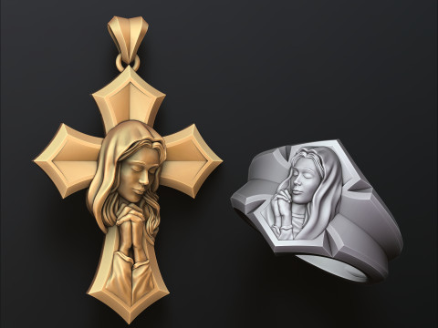 Praying Holy Mary Ring Pendant Set 3D print models Model Cetak 3D