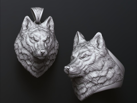 Wolf Head Ring Pendant Set 3D print model Model Cetak 3D