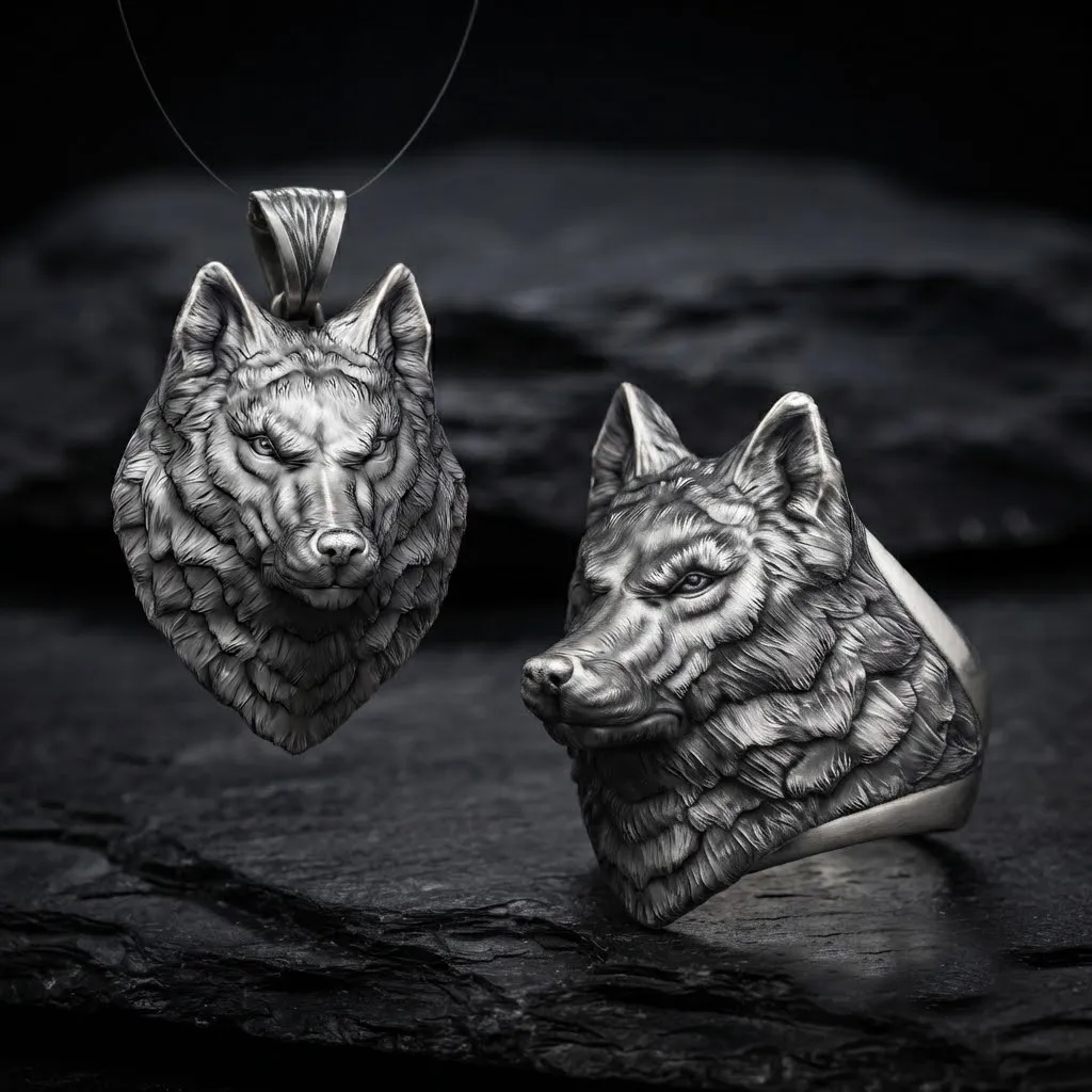 Wolf Head Ring Pendant Set 3D print model 3D Print Model .c4d .max .obj .3ds .fbx .stl .blend 