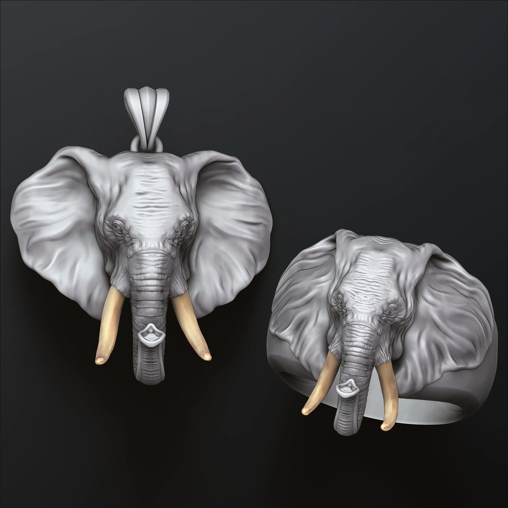 Elephant Head Pendant Ring Jewelry Collection 3D print models 3D Print Model .c4d .max .obj .3ds .fbx .stl .blend