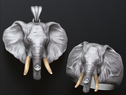 Elephant Head Pendant Ring Jewelry Collection 3D print models Model Cetak 3D