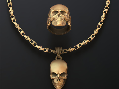 Skull Chain Pendant Ring v2 Collection 3D print models Model Cetak 3D