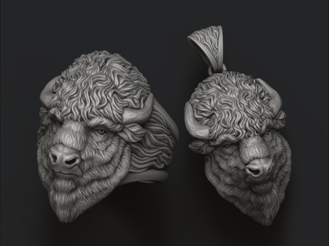 American Bison Buffalo Pendant Ring Collection 3D print model Model Cetak 3D