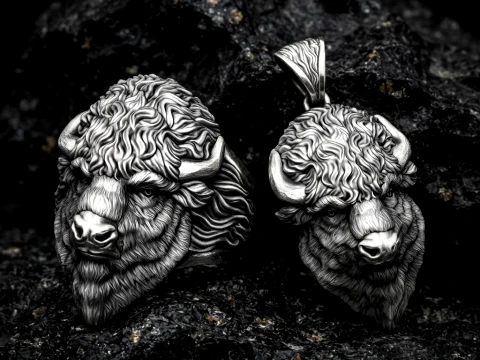 American Bison Buffalo Pendant Ring Collection 3D print model 3D Print Model