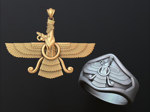Faravahar Ahura Mazda Pendant Ring Collection 3D print model 3D Baskı Modeli
