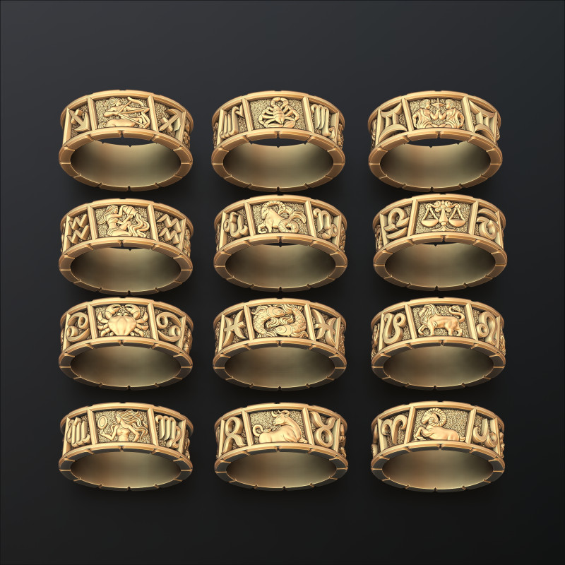 Zodiac Horoscope Rings v2 Set Pack Collection 3D print models 3D 프린트 모델 .c4d .max .obj .3ds .fbx .stl .blend 