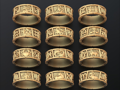 Zodiac Horoscope Rings v2 Set Pack Collection 3D print models 3D Print Model