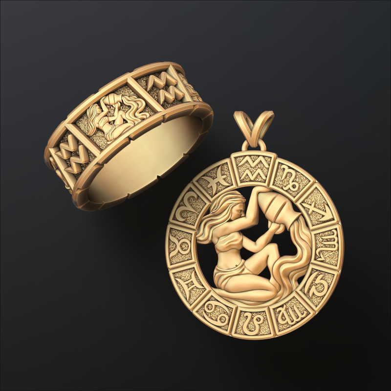 Horoscope Aquarius Ring Pendant v2 Collection 3D 打印模型 .c4d .max .obj .3ds .fbx .stl .blend