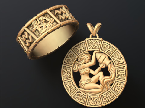 Horoscope Aquarius Ring Pendant v2 Collection 3D Print Model