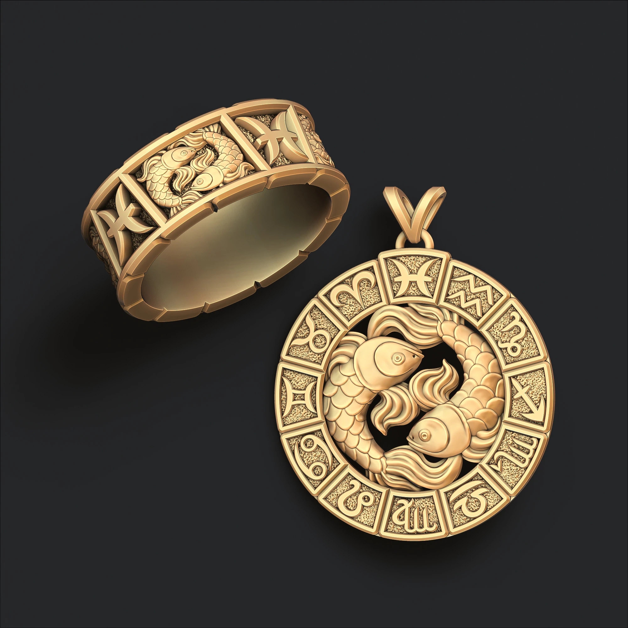 Horoscope Pisces Ring Pendant v2 Collection 3D Print Model .c4d .max .obj .3ds .fbx .stl .blend 