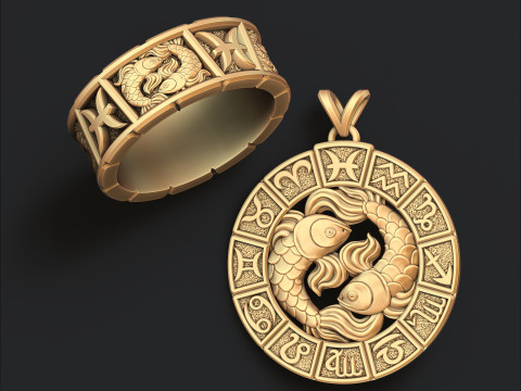 Horoscope Pisces Ring Pendant v2 Collection Modèles 3D en vedette