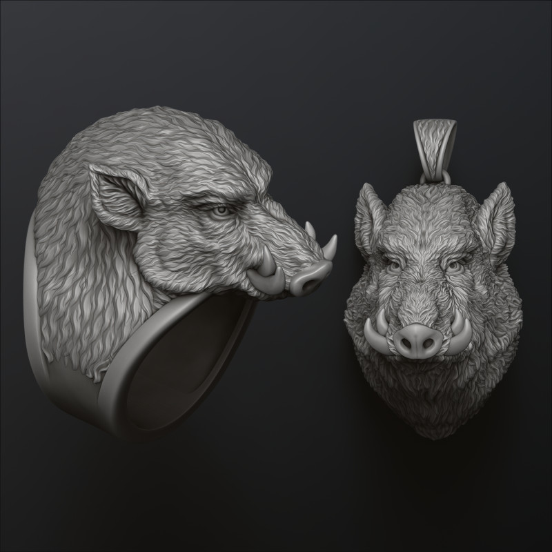 Wild Boar Pendant Ring Collection 3D 프린트 모델 .c4d .max .obj .3ds .fbx .stl .blend