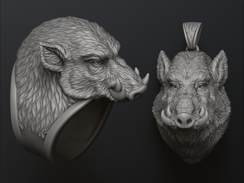 Wild Boar Pendant Ring Collection 3D 프린트 모델