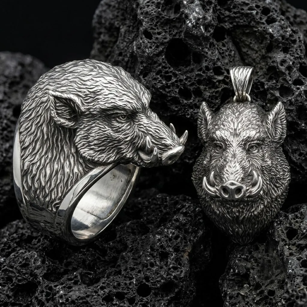 Wild Boar Pendant Ring Collection 3D Print Model .c4d .max .obj .3ds .fbx .stl .blend 