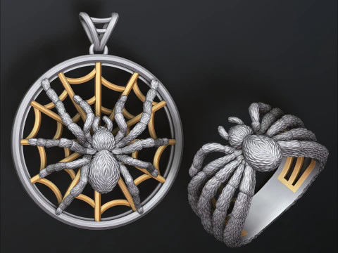 Pierścień z wisiorkiem pająkiem v2. Kolekcja Model do druku 3D