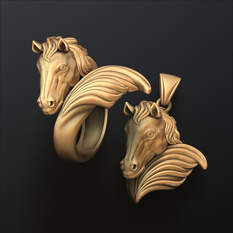 Horse Head Ring Pendant v2 Collection Model Cetak 3D .c4d .max .obj .3ds .fbx .stl .blend 