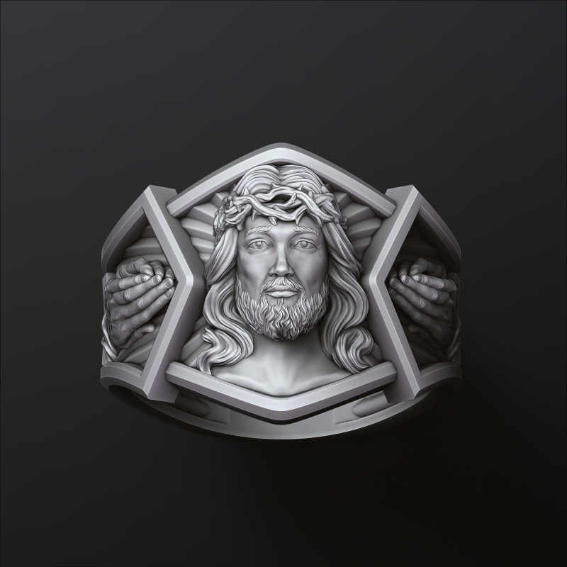 Jesus Head Praying Hands Ring 3D print model 3D 프린트 모델 .c4d .max .obj .3ds .fbx .stl .blend