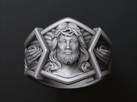 Modello di stampa 3D con anello delle mani in preghiera della testa di Ges&ugrave; Modello di stampa 3D