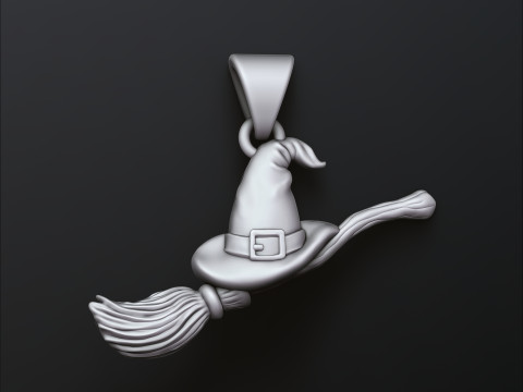 Halloween Witch Hat and Broom Stick Pendant 3D print model Modello di stampa 3D