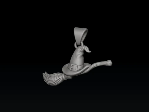 ハロウィンの魔女の帽子とほうきの棒のペンダント 3D プリントモデル 3Dプリントモデル